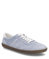 Light blue suede sneaker with white laces and a brown sole. Features a minimalist design with a comfortable fit.