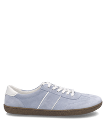 Light blue suede sneaker with white laces and a brown sole. Features a minimalist design with a comfortable fit.