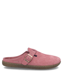 Sabot en daim rose avec une boucle dorée. Semelle marron avec coutures apparentes pour un look décontracté et élégant.