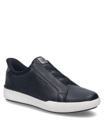 Der Sneaker in der Farbe schwarz-basalt besteht aus hochwertigem Leder mit einem Gummizugverschluss. Die weiße Sohle und die dezente Prägung an der Seite verleihen dem Schuh einen modernen und eleganten Look.