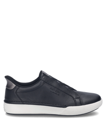 Der Sneaker in der Farbe schwarz-basalt besteht aus hochwertigem Leder mit einem Gummizugverschluss. Die weiße Sohle und die dezente Prägung an der Seite verleihen dem Schuh einen modernen und eleganten Look.