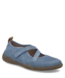 Blauer Ballerina-Schuh aus weichem Leder mit Klettverschluss. Die rutschfeste Sohle ist braun und bietet hohen Tragekomfort für den Alltag.