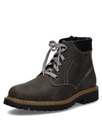 Braune Stiefelette aus Leder mit Reißverschluss und Schnürung. Robuste Sohle und kontrastierende Nähte für zusätzlichen Stil.