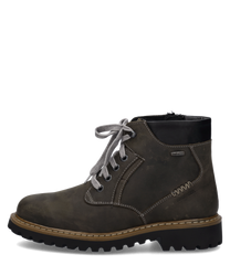 Braune Stiefelette aus Leder mit Reißverschluss und Schnürung. Robuste Sohle und kontrastierende Nähte für zusätzlichen Stil.