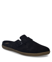 Schwarzer Clog aus Wildleder mit einer dekorativen Schnalle als Verschluss. Die Sohle ist aus braunem Material gefertigt und bietet einen schlichten Look.