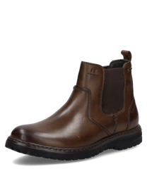 Braune Lederstiefelette mit Reißverschluss und elastischen Einsätzen für einfaches An- und Ausziehen. Robuste Sohle und dezente Nahtdetails für eleganten Look.
