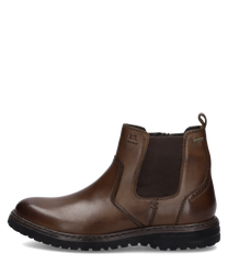 Braune Lederstiefelette mit Reißverschluss und elastischen Einsätzen für einfaches An- und Ausziehen. Robuste Sohle und dezente Nahtdetails für eleganten Look.