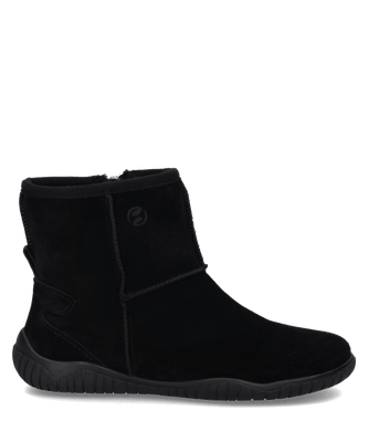 Schwarze Stiefelette aus Wildleder mit Reißverschluss. Die Sohle ist schwarz und leicht profiliert.