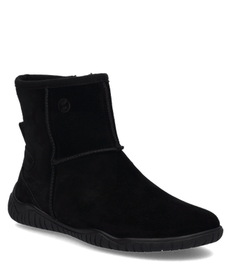 Schwarze Stiefelette aus Wildleder mit Reißverschluss. Die Sohle ist schwarz und leicht profiliert.