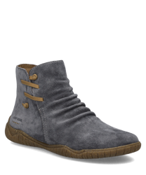 Graue Stiefelette aus Wildleder mit braunem Reißverschluss. Weiches Material mit dekorativen Bändern und Profilsohle.