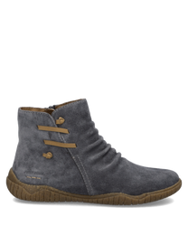 Graue Stiefelette aus Wildleder mit braunem Reißverschluss. Weiches Material mit dekorativen Bändern und Profilsohle.