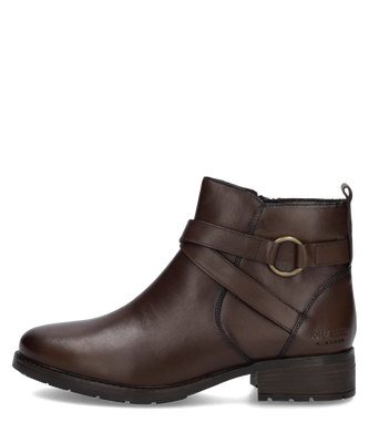 Braune Lederstiefelette mit Reißverschluss und Zierschnalle. Elegantes Design mit flachem Absatz und abgerundeter Spitze.