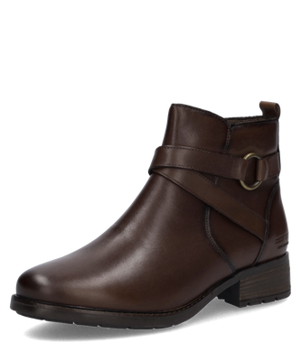 Braune Lederstiefelette mit Reißverschluss und Zierschnalle. Elegantes Design mit flachem Absatz und abgerundeter Spitze.