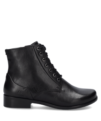 Schwarze Lederstiefelette mit Reißverschluss und Schnürung. Elegantes Design mit glattem Finish und stabiler Sohle für optimalen Komfort.