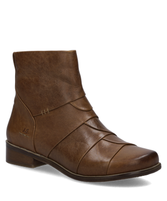 Braune Lederstiefelette mit seitlichem Reißverschluss. Glattes Material mit dezenten Nähten und kleinem Absatz für stilvolle Eleganz.