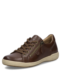 Brauner Sneaker aus Leder mit Reißverschluss an der Seite. Bequeme weiße Sohle für optimalen Tragekomfort.
