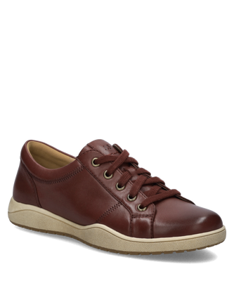 Brauner Ledersneaker mit Schnürung und beiger Sohle. Elegantes Design mit sichtbaren Nähten und stabiler Verarbeitung.
