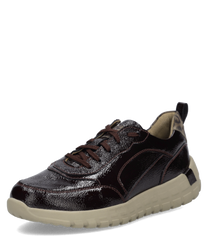 Schwarzer Sneaker aus glänzendem Leder mit Reißverschluss. Hellbeige Sohle und Rückseite mit Leopardenmuster.