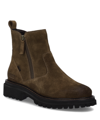 Braune Stiefelette aus Wildleder mit seitlichem Reißverschluss. Der Schuh hat eine robuste Sohle für besseren Halt.