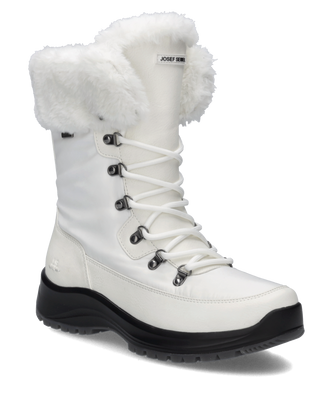 Weiße Stiefelette mit Kunstfellbesatz und Reißverschluss. Der Schuh hat eine robuste Sohle und Metallhaken für die Schnürung.