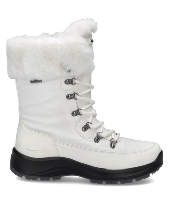 Weiße Stiefelette mit Kunstfellbesatz und Reißverschluss. Der Schuh hat eine robuste Sohle und Metallhaken für die Schnürung.