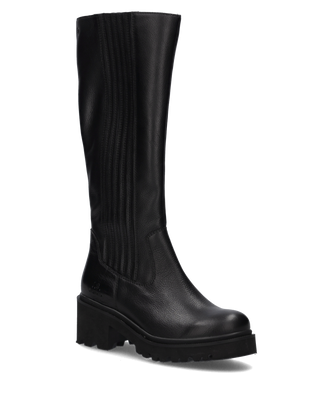 Schwarzer Stiefel aus Leder mit hohem Schaft und seitlichem Reißverschluss. Robuste Sohle für besseren Halt und stilvolle Nahtdetails.
