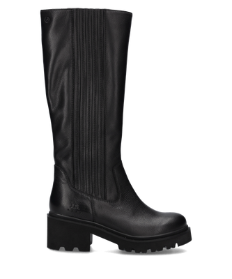 Schwarzer Stiefel aus Leder mit hohem Schaft und seitlichem Reißverschluss. Robuste Sohle für besseren Halt und stilvolle Nahtdetails.