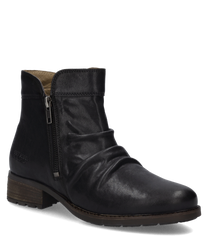 Dunkelblaue Stiefelette aus Leder mit seitlichem Reißverschluss. Elegante Faltenoptik und flacher Absatz für bequemen Tragekomfort.