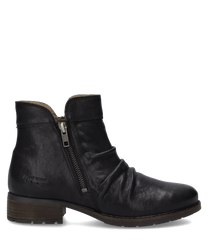 Dunkelblaue Stiefelette aus Leder mit seitlichem Reißverschluss. Elegante Faltenoptik und flacher Absatz für bequemen Tragekomfort.