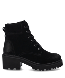 Schwarze Stiefelette aus Wildleder mit robustem Blockabsatz. Ausgestattet mit seitlichem Reißverschluss für einfaches Anziehen.