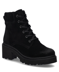 Schwarze Stiefelette aus Wildleder mit robustem Blockabsatz. Ausgestattet mit seitlichem Reißverschluss für einfaches Anziehen.