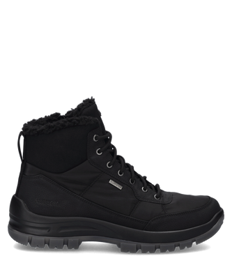 Schwarzer Stiefel aus Leder mit Reißverschluss und Schnürung. Der Schuh hat eine dicke Sohle und ein warmes Innenfutter für kalte Tage.