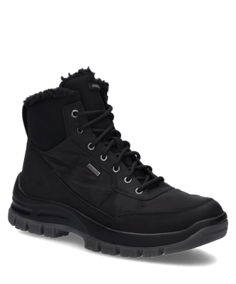 Schwarzer Stiefel aus Leder mit Reißverschluss und Schnürung. Der Schuh hat eine dicke Sohle und ein warmes Innenfutter für kalte Tage.