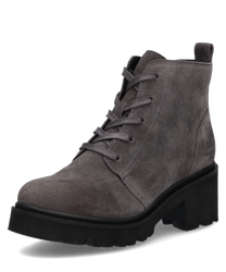Graue Stiefelette aus Wildleder mit Reißverschluss. Robuste Sohle und dezentes Design für einen stilvollen Look.