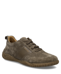 Brauner Sneaker mit Schnürung aus Wildleder. Robuste Sohle und dezente Ziernähte verleihen dem Schuh Eleganz.