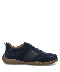 Dunkelblauer Sneaker aus Veloursleder mit Schnürung. Robuste braune Gummisohle für optimalen Halt.