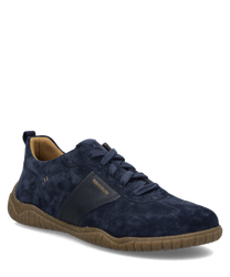 Dunkelblauer Sneaker aus Veloursleder mit Schnürung. Robuste braune Gummisohle für optimalen Halt.