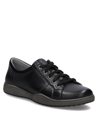 Schwarzer Sneaker aus Leder mit Schnürung. Der Schuh hat eine glatte Oberfläche und eine robuste Sohle.