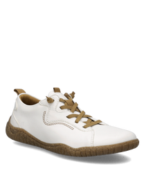 Weißer Leder Halbschuh mit brauner Schnürung und flexibler Sohle. Sichtbare Ziernähte und Zuglasche ergänzen das schlichte Design.