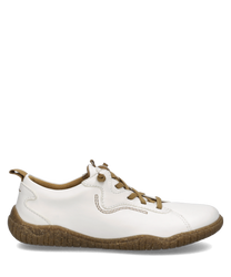 Weißer Leder Halbschuh mit brauner Schnürung und flexibler Sohle. Sichtbare Ziernähte und Zuglasche ergänzen das schlichte Design.
