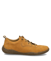 Brauner Halbschuh aus weichem Leder mit Schnürung. Die flexible dunkle Sohle und Ziernähte prägen das schlichte Design.