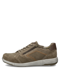 Brauner Halbschuh aus Veloursleder mit Schnürung. Seitlicher Reißverschluss und helle Sohle sind sichtbar.