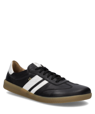 Schwarzer Halbschuh aus glattem Leder mit weißem Fersenbereich. Weiße Seitenstreifen Schnürung und braune Gummisohle prägen das sportliche Design.