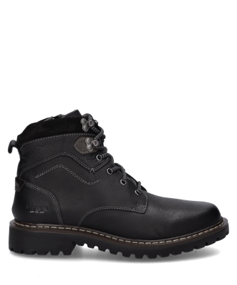 Die Stiefelette besteht aus weichem Leder in tiefem Schwarz. Sie hat einen praktischen Reißverschluss an der Seite für einfaches An- und Ausziehen.