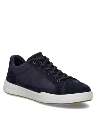 Dunkelblauer Sneaker aus Textil und Veloursleder mit Schnürung. Die helle Sohle und die seitlichen Nähte prägen das schlichte Design.