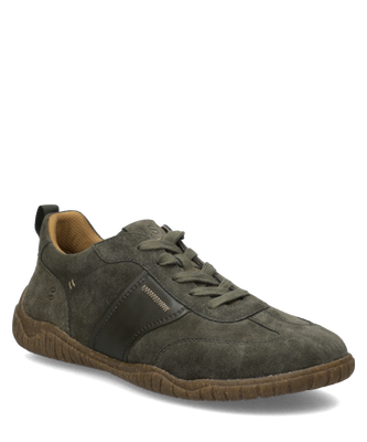 Dunkler Sneaker aus weichem Rauleder mit Schnürung. Sichtbar sind braune Sohle Zuglasche und seitlicher Glattleder Einsatz.