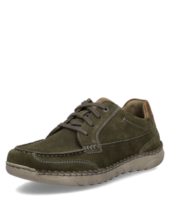 Olivgrüner Halbschuh aus Wildleder mit Schnürung. Sichtnähte und helle Profilsohle prägen das sportliche Design.