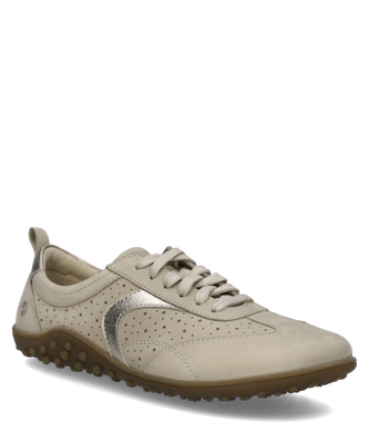 Beiger Halbschuh aus Leder mit Schnürung. Er zeigt Lochmuster silberne Einsätze und eine braune flexible Sohle.
