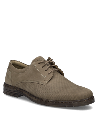 Beiger Halbschuh mit Schnürung aus glattem und perforiertem Material. Schwarze Sohle und Ziernähte betonen die klassische Form.
