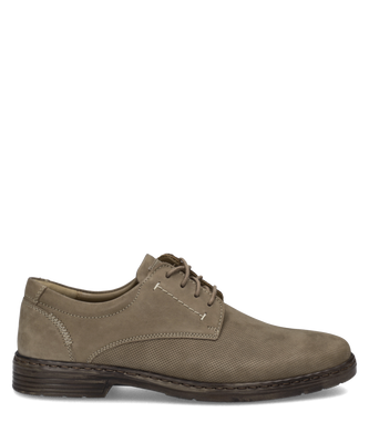 Beiger Halbschuh mit Schnürung aus glattem und perforiertem Material. Schwarze Sohle und Ziernähte betonen die klassische Form.